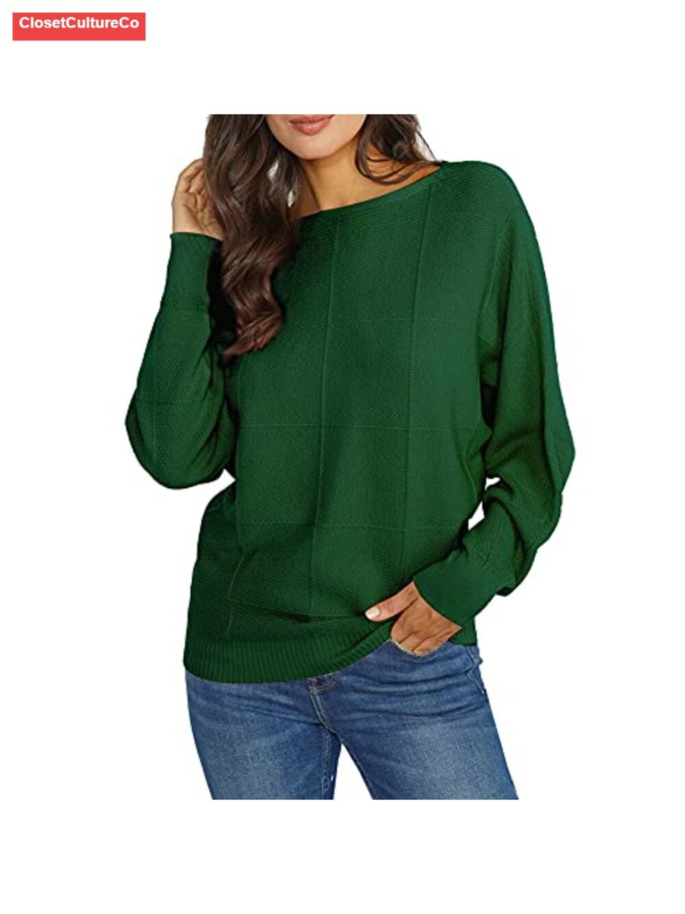 Batwing Knitted Sweater Boat Neck Ribbed Dolman Pullover